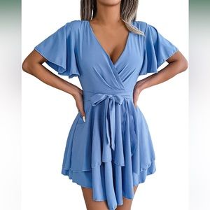 HGFTRTH Womens Sexy V Neck Ruffle Short Sleeve Fall Casual Dresses